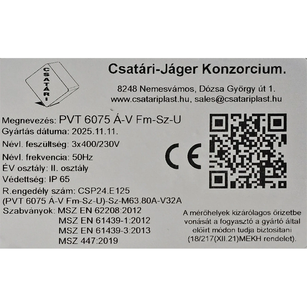 CSATÁRI PLAST PVT 6075 Á-V FM-SZ-U 1/3 FÁZISÚ KOMBINÁLT VILLANYÓRA SZEKRÉNY 80A SZABADVEZETÉKES