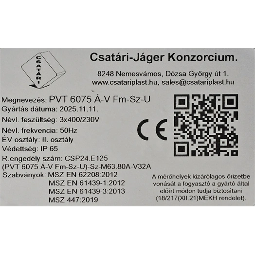 CSATÁRI PLAST PVT 6075 Á-V FM-SZ-U 1/3 FÁZISÚ KOMBINÁLT VILLANYÓRA SZEKRÉNY 80A SZABADVEZETÉKES