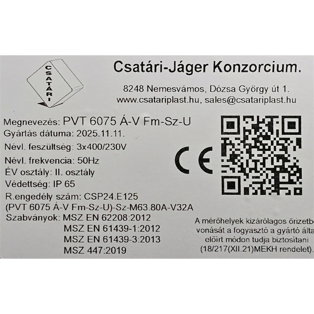 CSATÁRI PLAST PVT 6075 Á-V FM-SZ ÁK-U 1/3 FÁZISÚ KOMBINÁLT VILLANYÓRA SZEKRÉNY 12 MODULOS SZABADVEZETÉKES