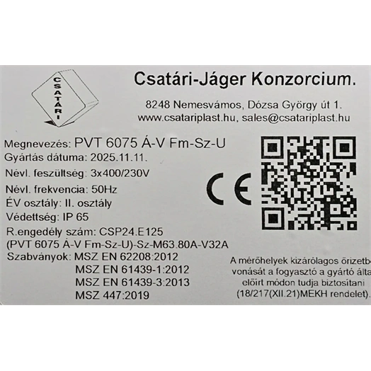 CSATÁRI PLAST PVT 6075 Á-V FM-SZ ÁK-U 1/3 FÁZISÚ KOMBINÁLT VILLANYÓRA SZEKRÉNY 12 MODULOS SZABADVEZETÉKES