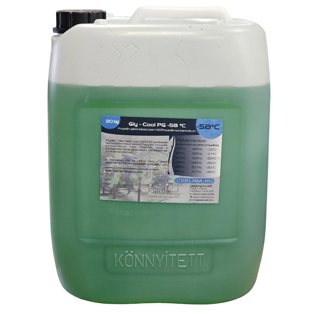 FAGYÁLLÓ PROPILÉN GLIKOL GLY-COOL PG -58°C KONCENTRÁTUM 20 KG, ÉLELMISZER IPARI, ZÖLD